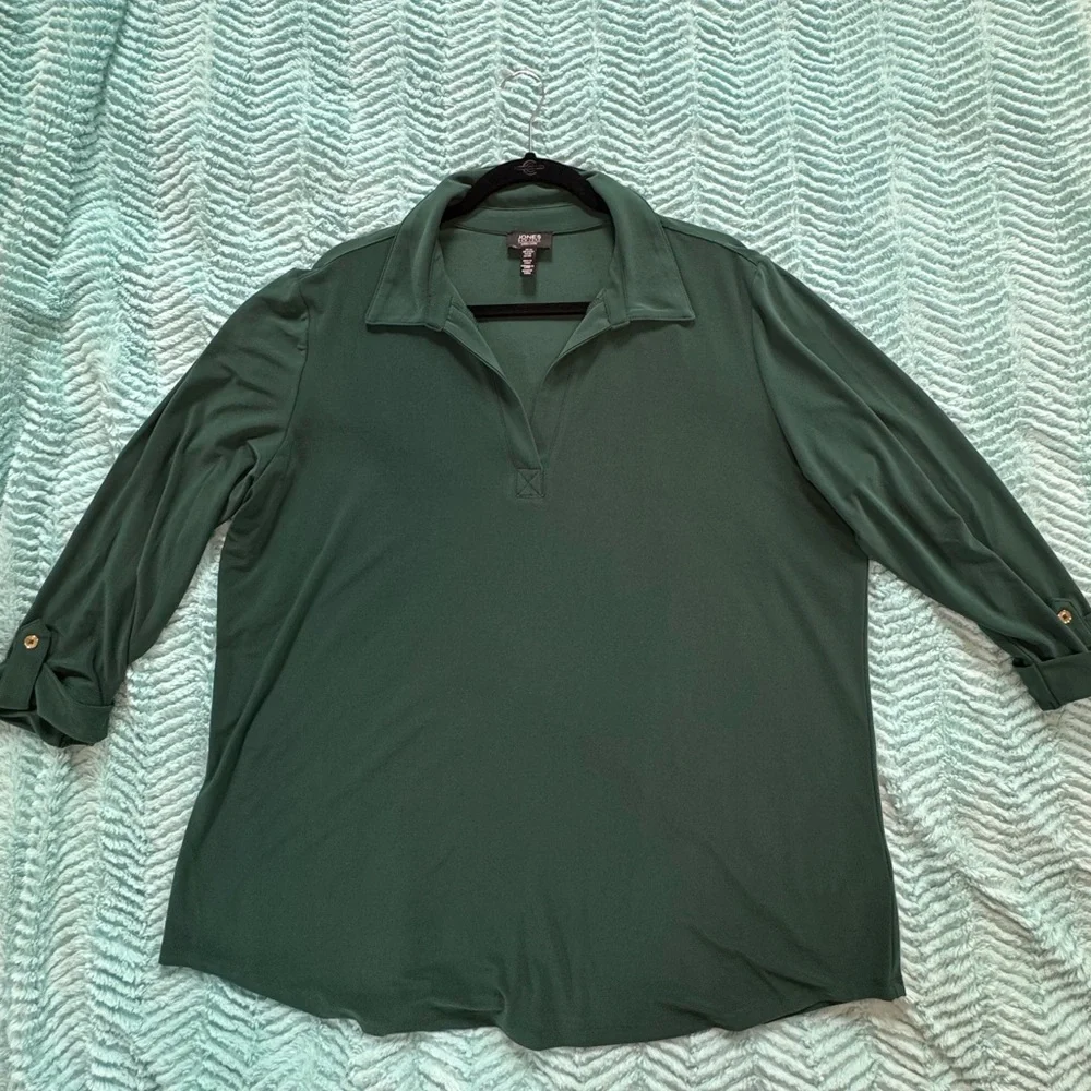 Jones New York Green Polo Collar 3/4 Sleeve Blouse - Picture 3 of 8